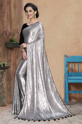 Silver plain silk saree with blouse 3