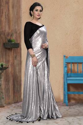 Silver plain silk saree with blouse 4