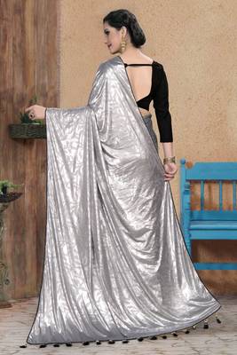 Silver plain silk saree with blouse 5