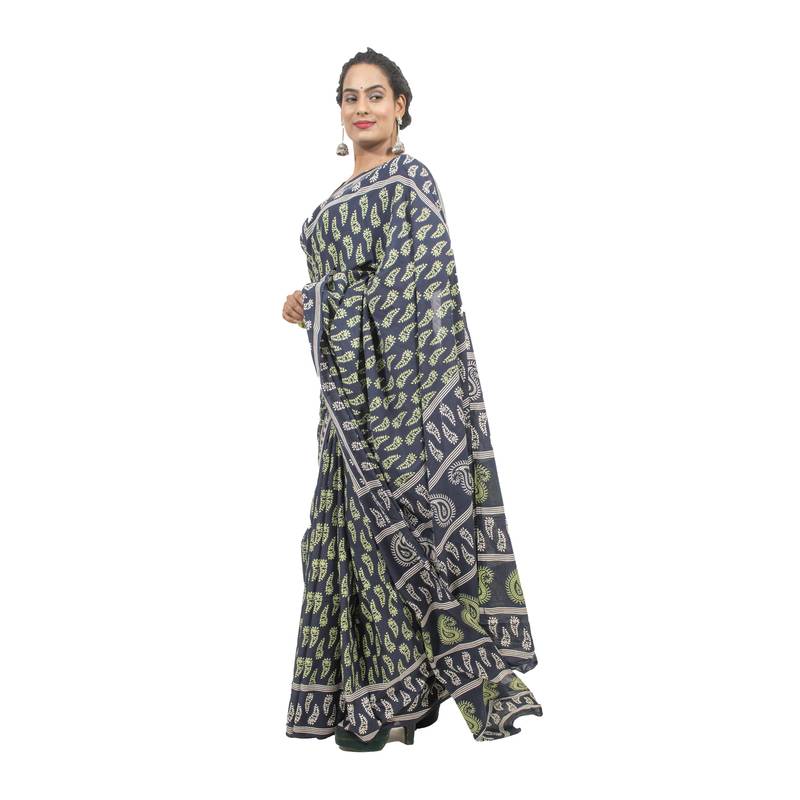 Multicolor Bagru Print Cotton Mulmul Saree With Blouse