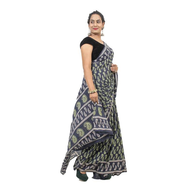 Multicolor Bagru Print Cotton Mulmul Saree With Blouse