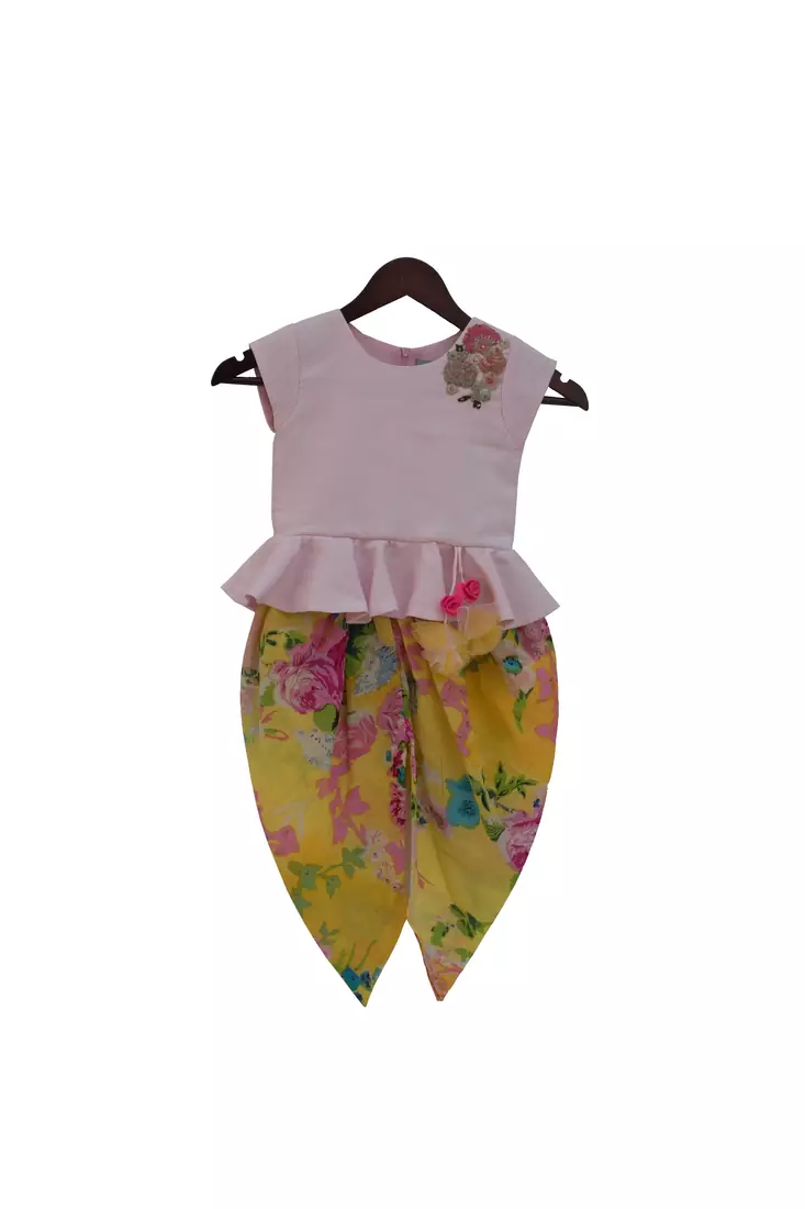 Baby Pink Peplum Top with Yellow Printed Dhoti