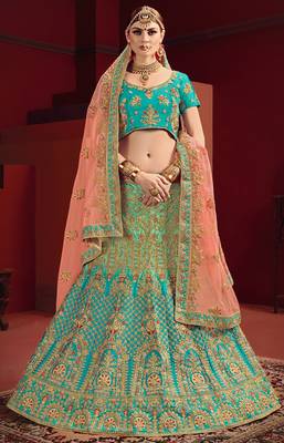 Blue Thread Embroidery Satin Unstitched Lehenga 1