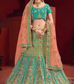 Blue Thread Embroidery Satin Unstitched Lehenga