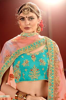 Blue Thread Embroidery Satin Unstitched Lehenga 2