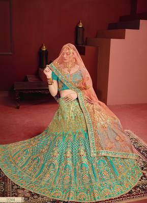 Blue Thread Embroidery Satin Unstitched Lehenga 4