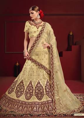 Beige Thread Embroidery Satin Semi Stitched wedding Lehenga 1
