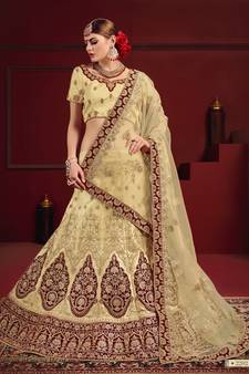 Beige Thread Embroidery Satin Semi Stitched wedding lehenga
