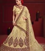 Beige Thread Embroidery Satin Semi Stitched wedding Lehenga