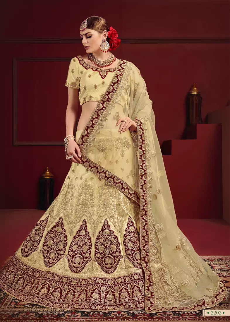 Beige Thread Embroidery Satin Semi Stitched wedding lehenga