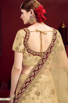 Beige Thread Embroidery Satin Semi Stitched wedding Lehenga 3