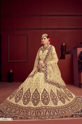 Beige Thread Embroidery Satin Semi Stitched wedding Lehenga 4