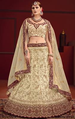 Beige Thread Embroidery Satin Unstitched Lehenga 1
