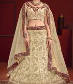 Beige Thread Embroidery Satin Unstitched Lehenga