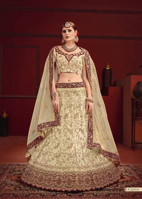 Beige Thread Embroidery Satin Unstitched Lehenga 2