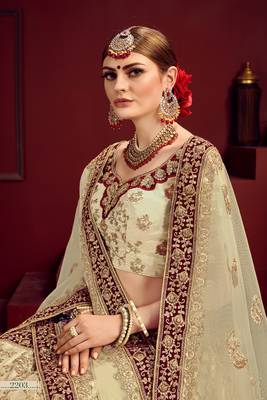Beige Thread Embroidery Satin Unstitched Lehenga 3