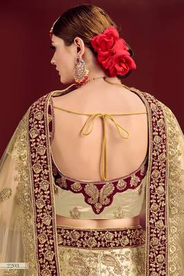 Beige Thread Embroidery Satin Unstitched Lehenga 4
