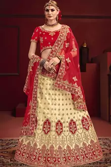 Beige Thread Embroidery Satin Semi Stitched wedding lehenga
