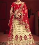 Beige Thread Embroidery Satin Semi Stitched wedding Lehenga