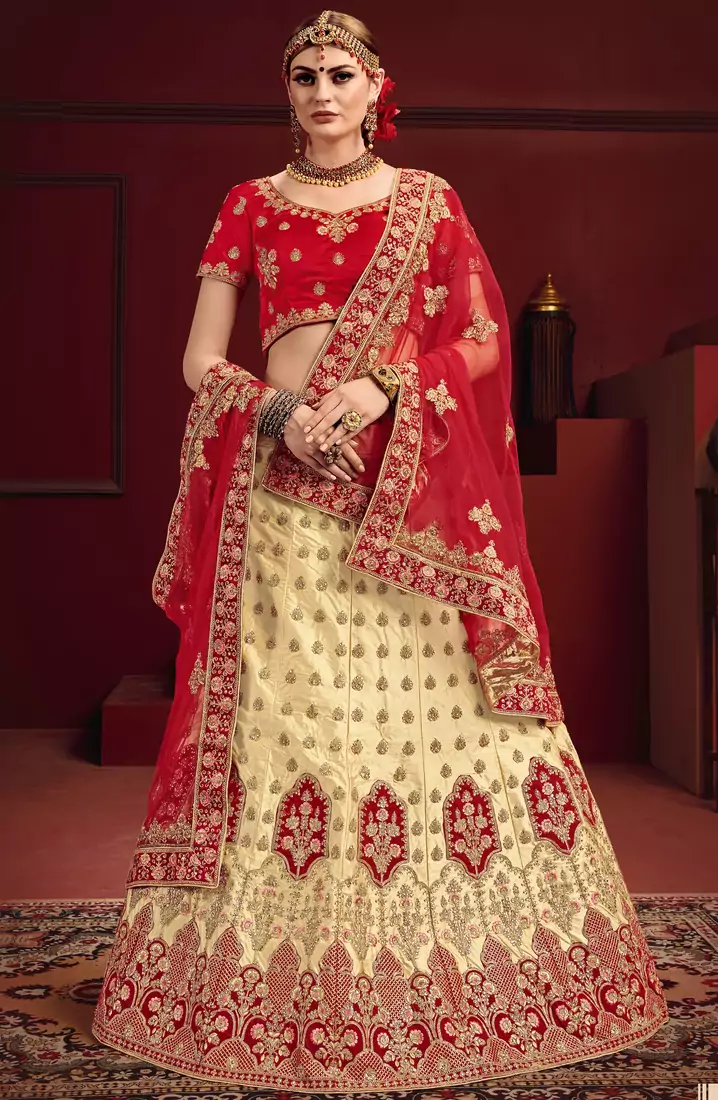 Beige Thread Embroidery Satin Semi Stitched wedding lehenga