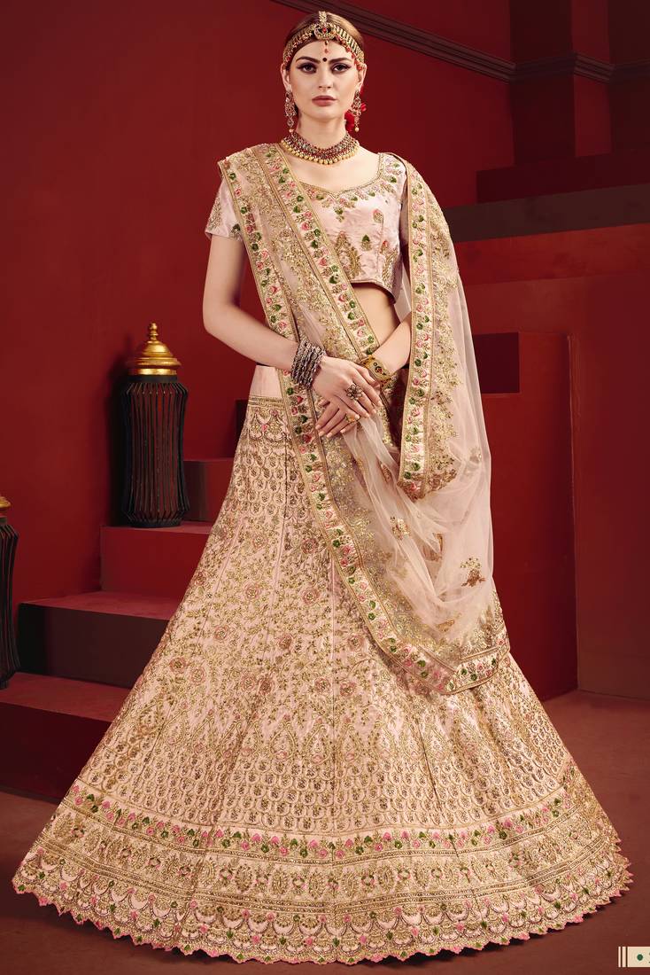 Baby-Pink Thread Embroidery Satin Unstitched Lehenga