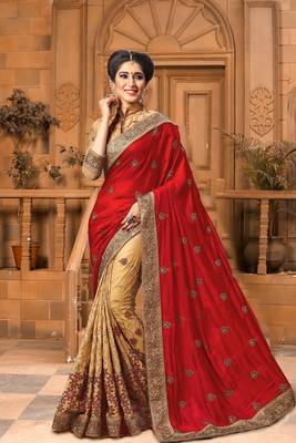 Trendmalls Light Red Silk Fabric Embroidery Designer Indian Wedding Saree with Blouse 1