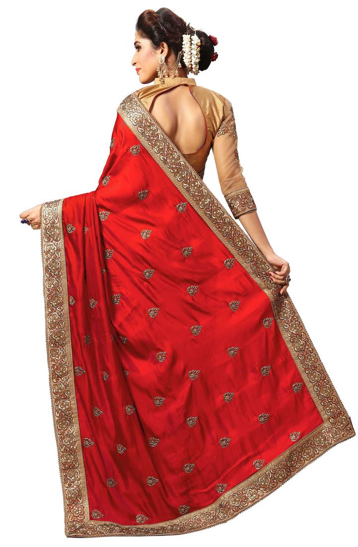 Trendmalls Light Red Silk Fabric Embroidery Designer Indian Wedding Saree with Blouse
