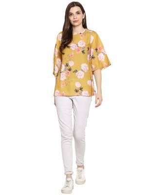 Yellow printed polyester sleeveless-tops 2
