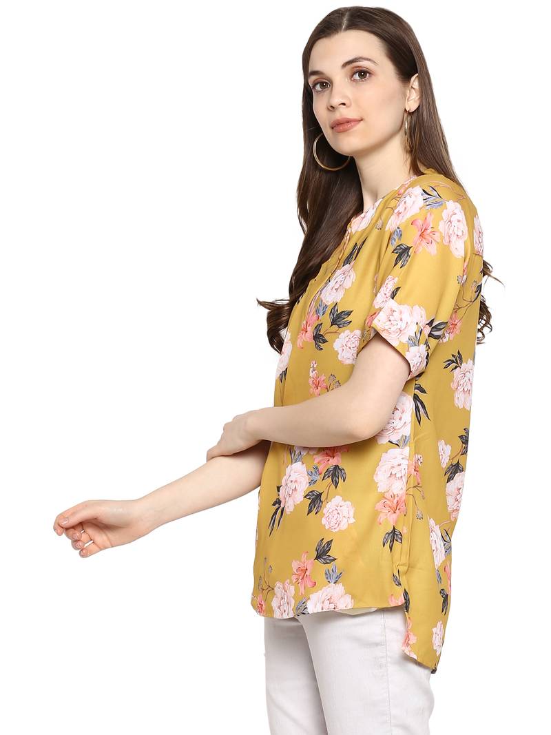 Yellow printed polyester sleevelesstops Ahalyaa 3000483