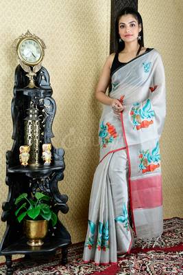Silver Tissue Saree With Orange And Green Bird Motif Embroidery 1