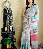 Silver Tissue Saree With Orange And Green Bird Motif Embroidery