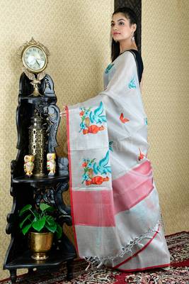 Silver Tissue Saree With Orange And Green Bird Motif Embroidery 2