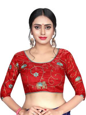 Red Satin Banglory Silk Bridal Collection Unstiched Blouse Fabric Piece. 1