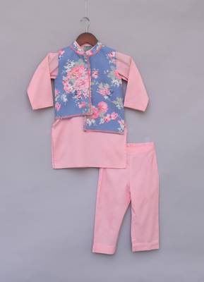 Blue Floral Printed Nehru Jacket With Pink Kurta Set 1