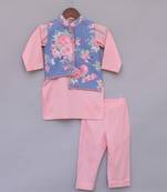 Blue Floral Printed Nehru Jacket With Pink Kurta Set