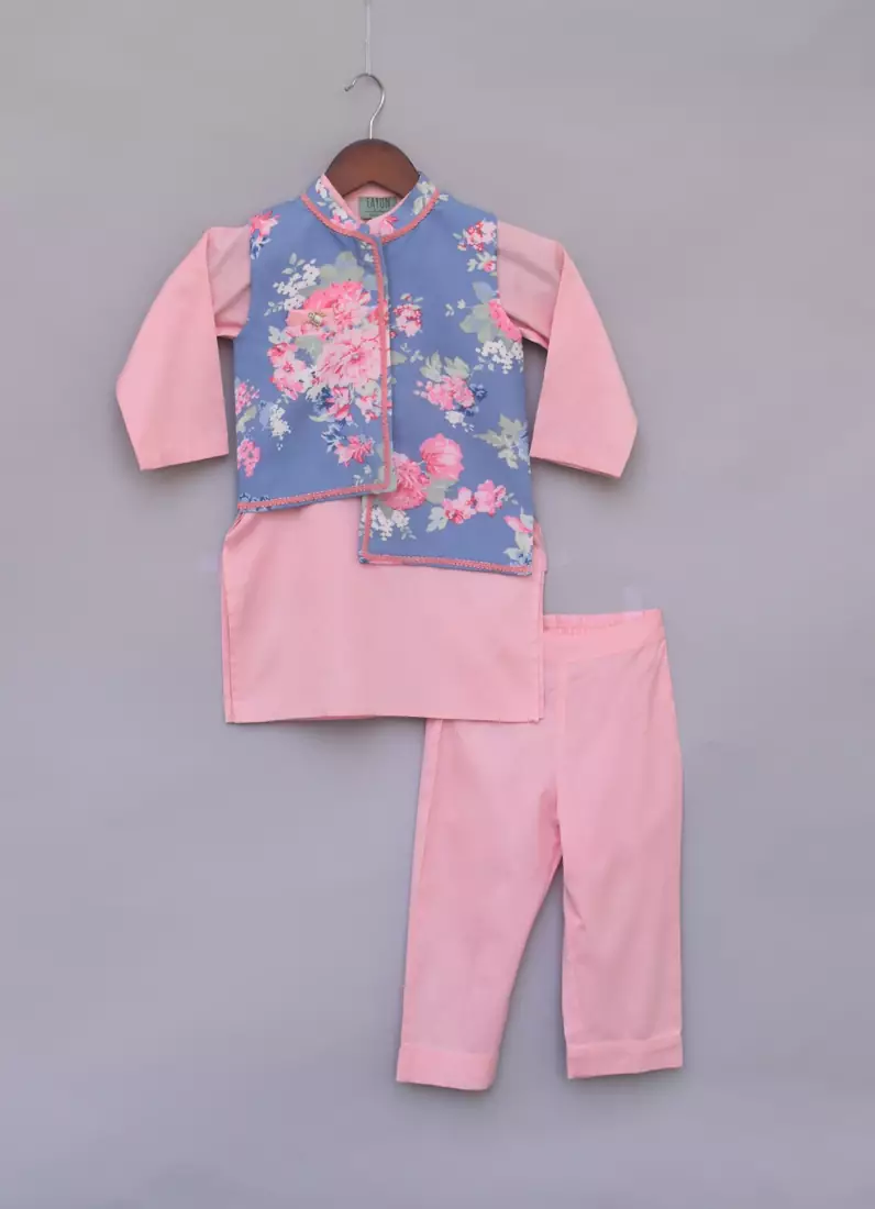 Blue Printed Nehru Jacket Set