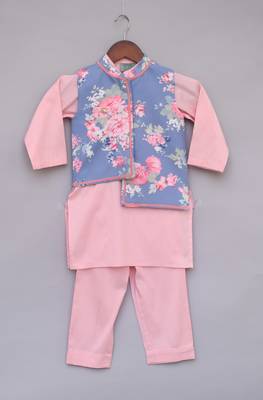 Blue Floral Printed Nehru Jacket With Pink Kurta Set 2