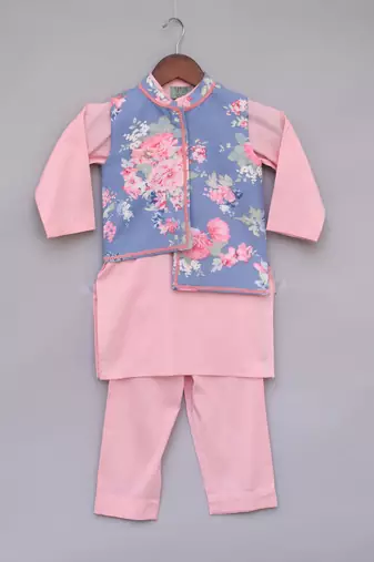 Blue Floral Printed Nehru Jacket With Pink Kurta Set
