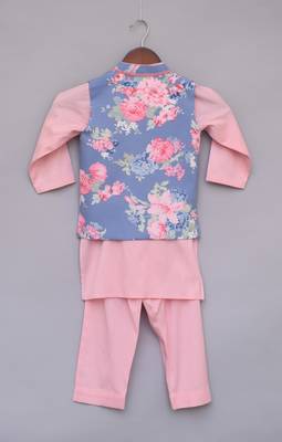 Blue Floral Printed Nehru Jacket With Pink Kurta Set 3