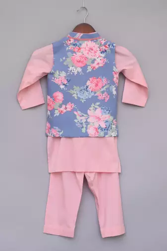 Blue Floral Printed Nehru Jacket With Pink Kurta Set