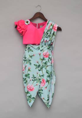 Pink Top with Printed Dhoti Saree for girls 1