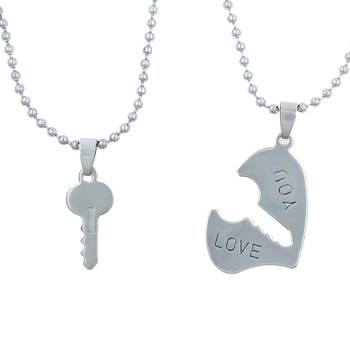 Saizen Couples Heart And Key Locket With 2 Chain Stainless Steel Pendant For Unisex 2