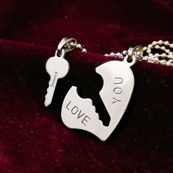 Saizen Couples Heart And Key Locket With 2 Chain Stainless Steel Pendant For Unisex 3