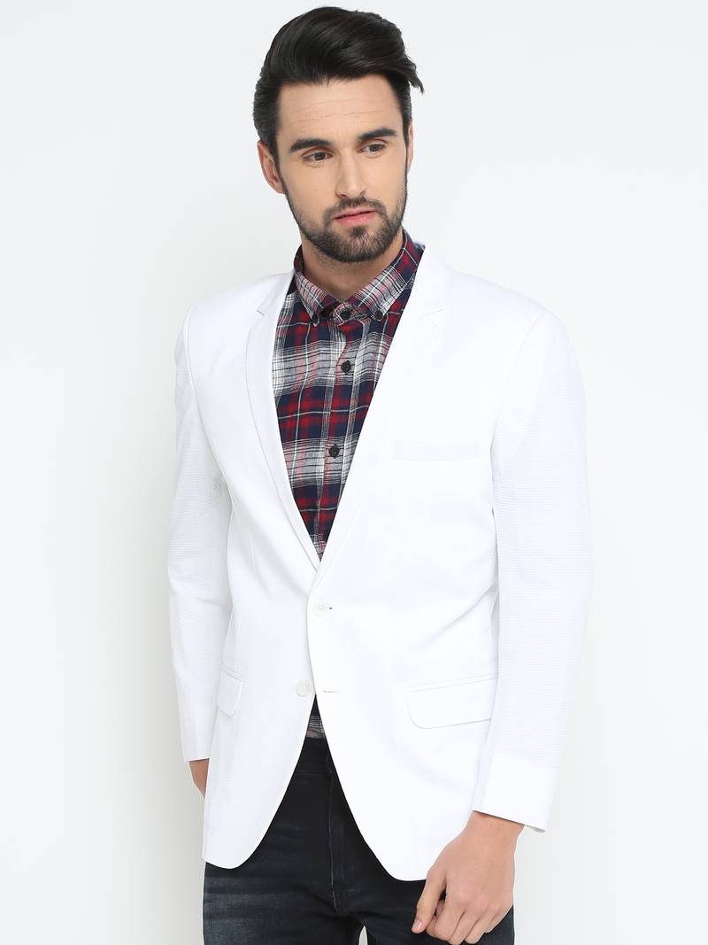 White Printed Single Breasted Casual Men Blazer