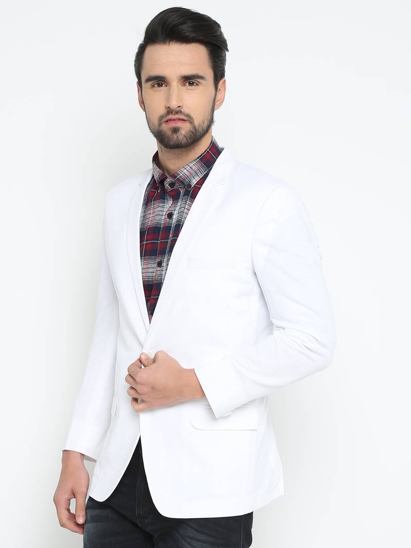 White Printed Single Breasted Casual Men Blazer