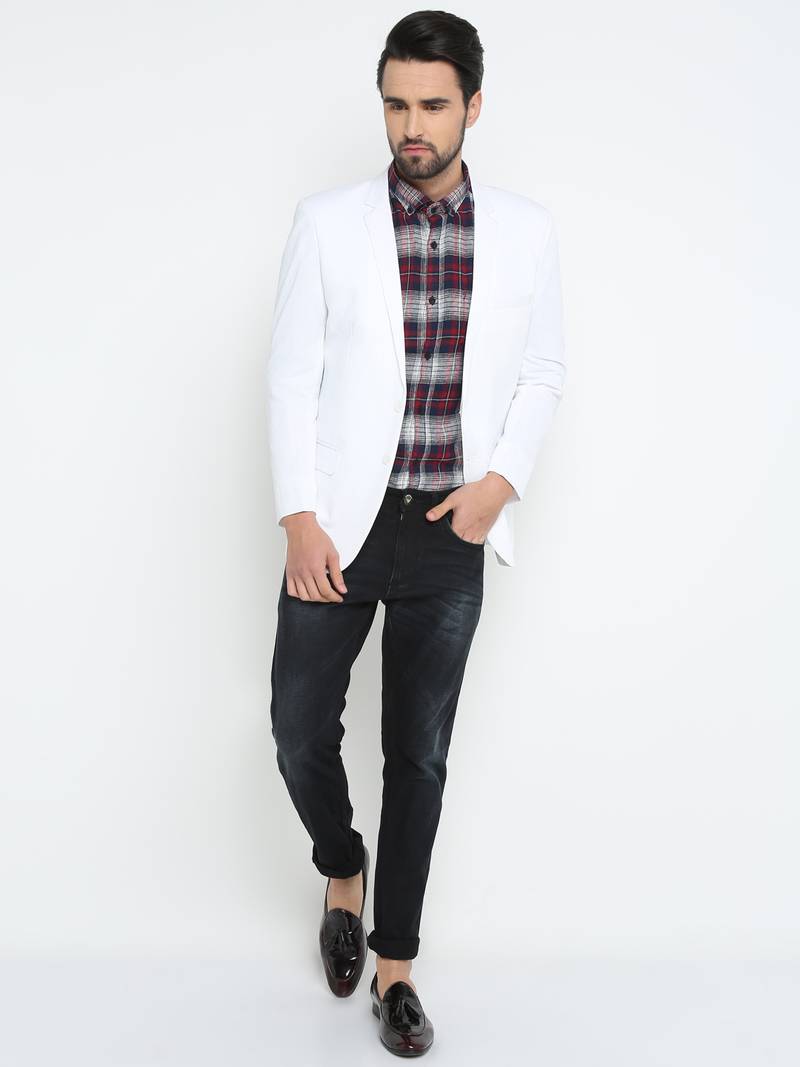 White Printed Single Breasted Casual Men Blazer