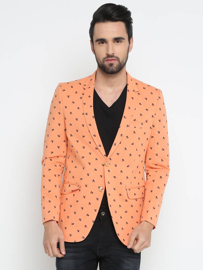 Orange Printed Single Breasted Casual Men Blazer