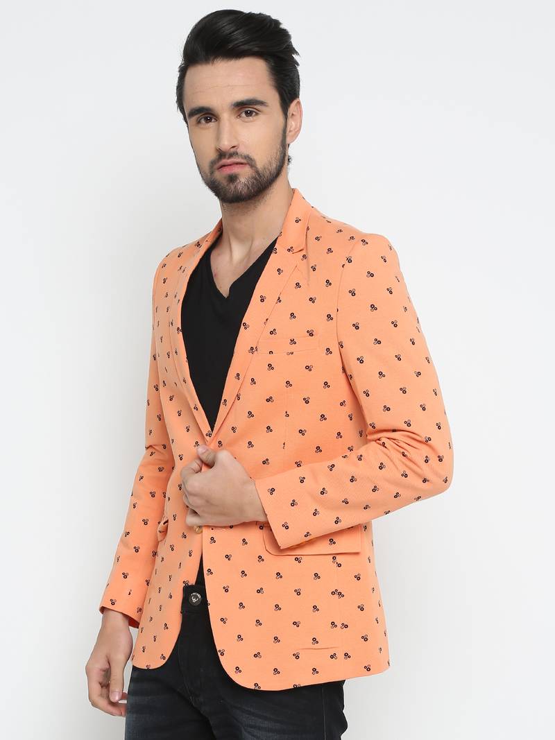 Orange Printed Single Breasted Casual Men Blazer