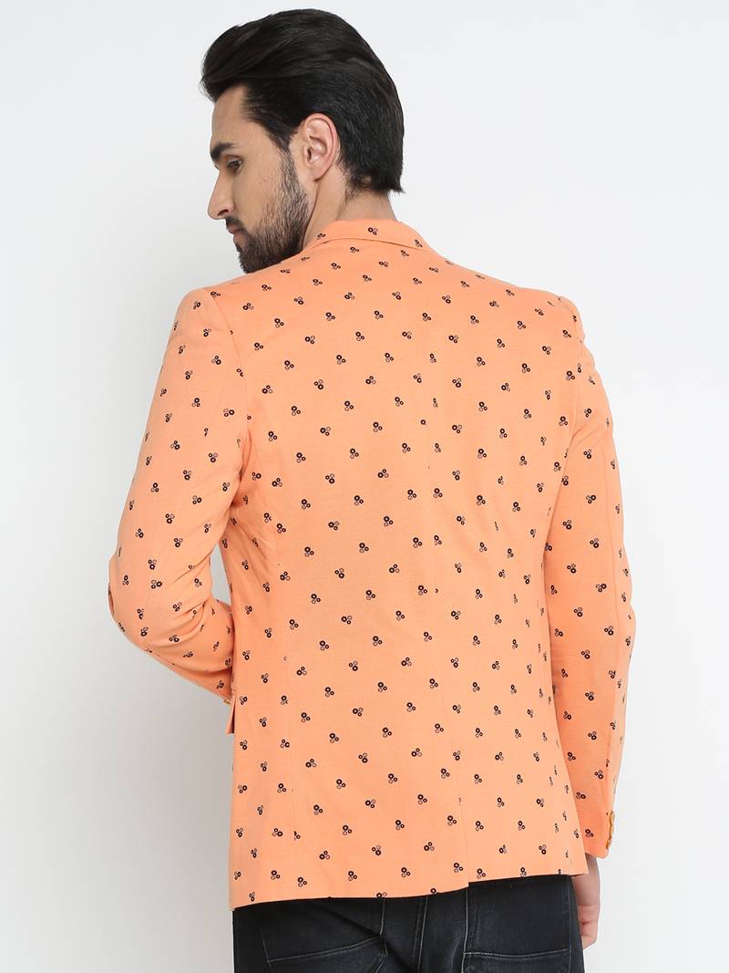 Orange Printed Single Breasted Casual Men Blazer