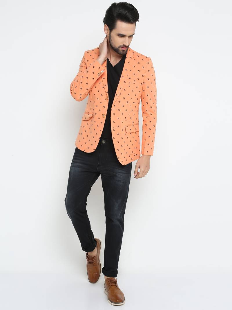 Orange Printed Single Breasted Casual Men Blazer
